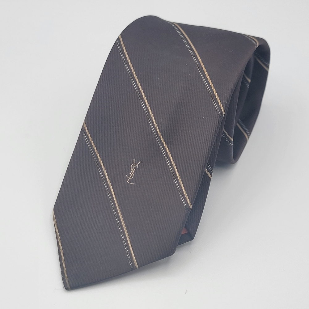 Vintage Yves Saint‎ Laurent YSL Brown Tan Stripe Silk Tie